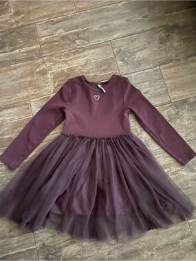 Girls Long-Sleeve Plum Tulle Dress with Heart Detail